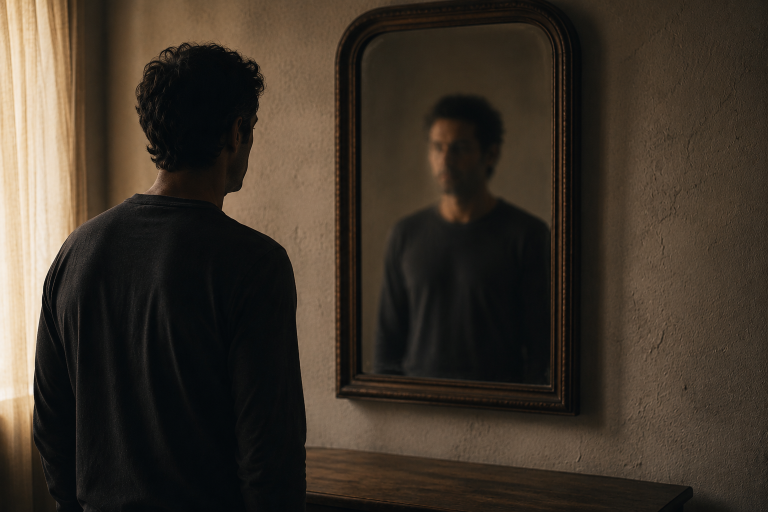 Person standing in a quiet room facing a blurred mirror, representing self-reflection and the choices that shape character.